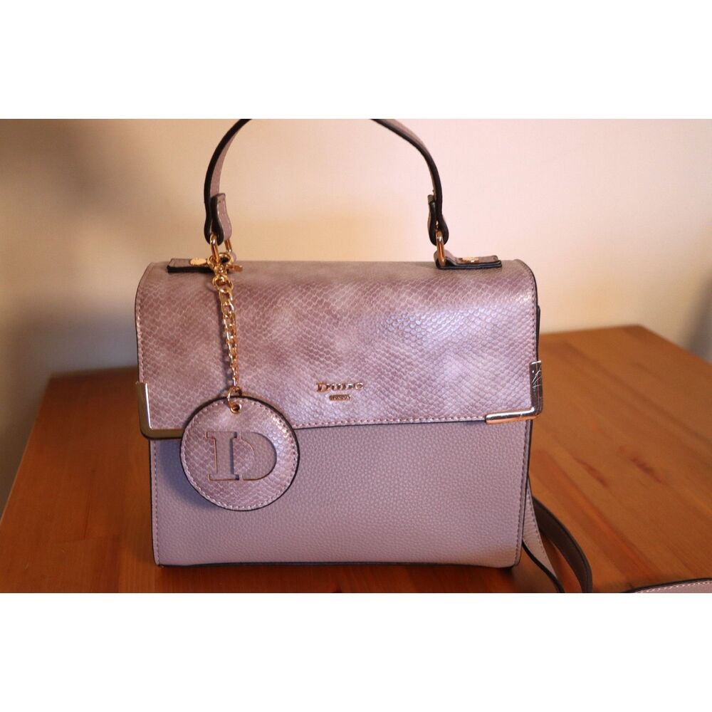 Dune London Lavender Structured Handbag – Snakeskin Flap, Gold Hardware